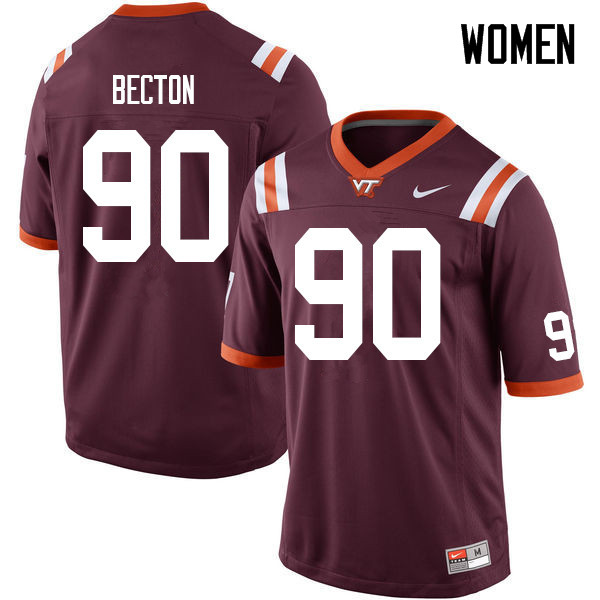 Women #90 Jaevon Becton Virginia Tech Hokies College Football Jerseys Sale-Maroon - Click Image to Close